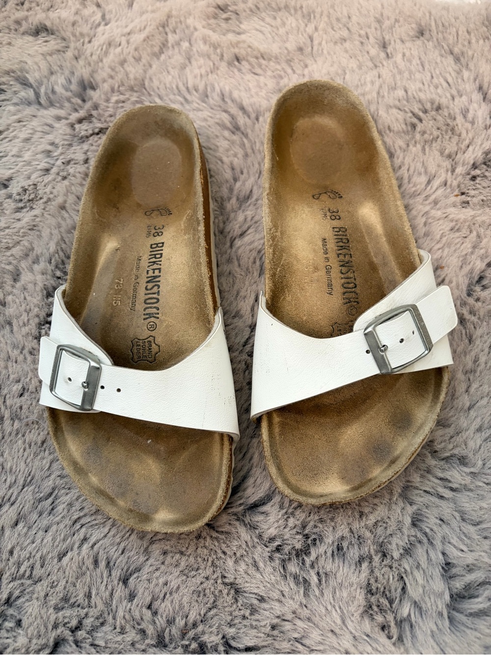 Birkenstock Madrid White Single Strap Slide Sandals with Silver Buckles